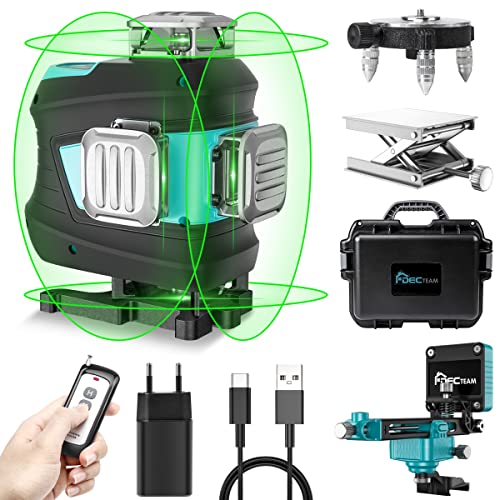 DECTEAM 4x360 Grad Kreuzlinienlaser Grün Selbstnivellierend Laser Wasserwaage, 4D Nivelliergerät Baulaser Kreuzlaser Linienlaser mit Wiederaufladbarer Batterie für Innen- und Außenbereich Baustelle von DECTEAM