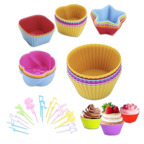 DECUIOCC 71 Stück Wiederverwendbare Silikonformen, Muffinformen Silikon Cupcake Silikon Backbecher, Umweltschonend Backförmchen aus Silikon mit Gabel von DECUIOCC