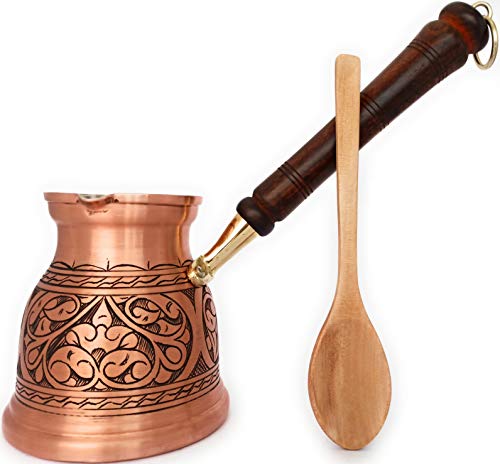 DEDE Copper,IST Serie (XLarge-16.9 floz) – dickstes massives Kupfer graviert türkisch griechisch arabische Kaffeekanne mit Holzgriff, Herd-Kaffeemaschine Cezve, Jezve, Jazva, Ibrik, Briki (matt) von DEDE Copper
