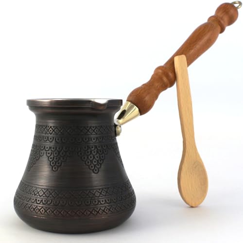DEDE Copper,PCZ-Serie (groß, 3.5 ml) – dickstes massives Kupfer-Gravur/gehämmerte türkische, arabische Kaffeekanne mit Holzgriff, Herd-Kaffeemaschine Cezve Jezve Jazva Ibrik Briki (Antik) von DEDE Copper