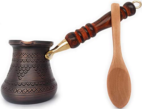 DEDE Copper,PCZ-Serie (klein-6 fl.oz) dickstes massives Kupfer graviert/gestempelt türkisch griechisch arabische Kaffeekanne mit Holzgriff, Kaffeemaschine Cezve Jezve Jazva Jazzve Ibrik Briki (antik) von DEDE Copper