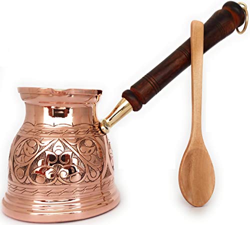 DEDE Copper -2020 - IST Serie (XL-500 ml) dickste massive Kupferkaffeekanne mit gravierter und gehämmerter türkischer griechischer arabischer Kaffeekanne mit Holzgriff, Ibrik, Briki von DEDE Copper