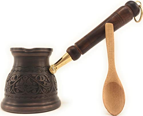 DEDE Copper - 2020-IST Serie (mittel-9.6 fl.oz) dickste massive Kupferkaffeekanne mit graviertem türkischen, griechischen arabischen Kaffeekanne mit Holzgriff, Herdplatte, Cezve, Ibrik, Briki (Antik) von DEDE Copper