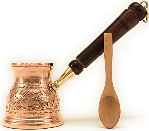 DEDE Copper - 2020-IST Serie (mittel-9.6 fl.oz) dickste massive glänzende Kupferkaffeekanne mit graviertem türkischen, griechischen arabischen Kaffeekanne mit Holzgriff, Herdplatte, Ibrik, Briki von DEDE Copper