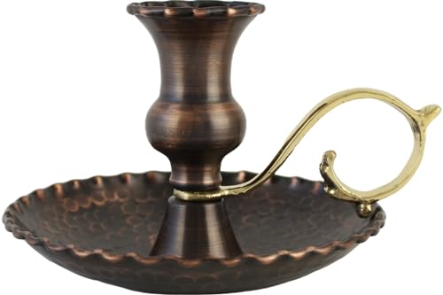 DEDE Copper CH-Serie – Türkischer handgefertigter Kupfer-Kerzenhalter, gehämmerter Kupfer-Kerzenhalter mit gegossenem Griff, 14 cm Durchmesser, runder Kerzenhalter für konische Kerzen (antikes Kupfer) von DEDE Copper