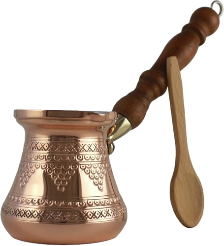 DEDE Copper - PCZ-Serie (mittelgroß) dickste massive Kupfergravur türkisch griechisch arabisch Kaffeekanne mit Holzgriff, Herdplatte Kaffeemaschine Cezve Jezve Jazva Ibrik Briki (Kupfer) von DEDE Copper