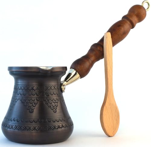 DEDE Copper - PCZ-Serie (mittelgroß) dickste massive Kupfergravur türkisch griechisch arabisch Kaffeekanne mit Holzgriff, Herdplatte Kaffeemaschine Cezve Jezve Jazva Ibrik Briki (antikes Kupfer) von DEDE Copper