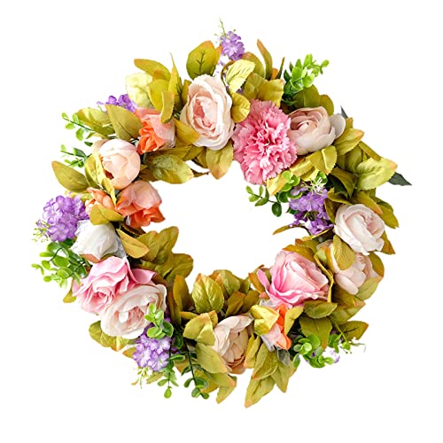 DEDEMCO 40 cm Frühlingsrosen-Blumenkranz für Haustür, Seidenrosen-Blumengirlande, Willkommens-Türkranz, grüner Eukalyptuskranz für Zuhause, Jäten, Party, A von DEDEMCO