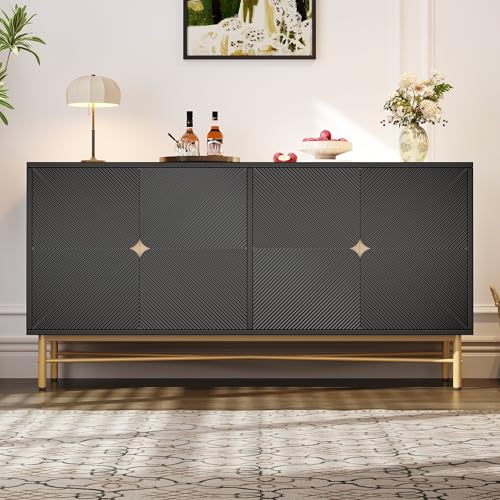 Buffets,Küchen Schrank Mit 4 Lagerräume, Modern Geschirrschrank Mit Erhabener Textur Und Hochglanz Tischbeine,Küchenschrank Schwarz,Kitchen Cabinet With Worktop Für Küche Wohnzimmer(160×40×82cm) von DEECOZY