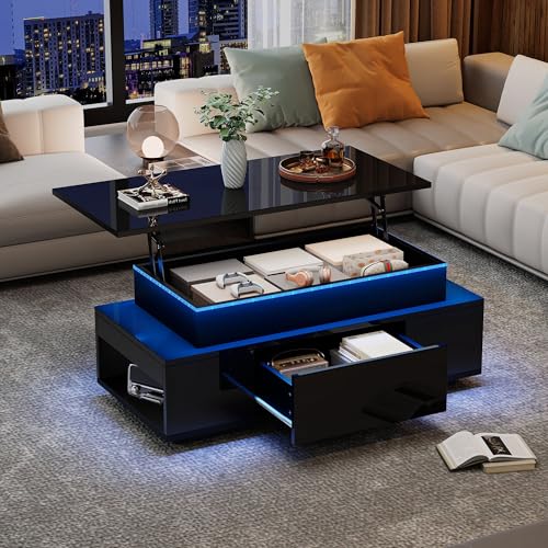 Couchtisch, Couchtisch Höhenverstellbar Mit Led-Stimmungsbeleuchtung, Couchtische Hochglanz Mit 1 Schublade, Wohnzimmertische Mit Trennwand Aus Hartglas, Kaffeetisch Mit Schublade ( 96*45*40cm) von DEECOZY