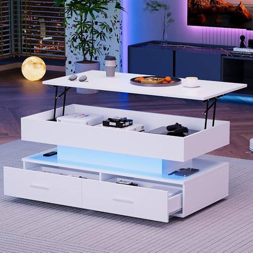 Couchtisch,Wohnzimmertisch Mit 16-Farbiger Led Beleuchtung ,Bluetooth-APP-Steuerung,Wohnzimmertisch Hochglanzmit Offenem Ausstellungsregal Und 2 Ausziehbaren Schubladen Mit Stauraum(100*50*44cm) von DEECOZY