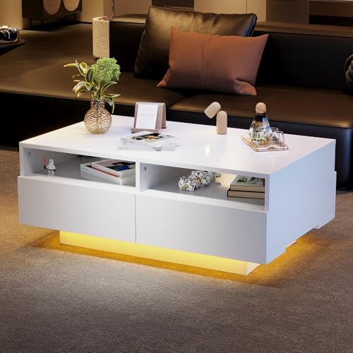 Couchtisch,Wohnzimmertisch Mit 16-Farbiger Led Beleuchtung ,Bluetooth-App-Steuerung,Wohnzimmertisch Hochglanz Mit Und 4 Ausziehbaren Schubladen Mit Stauraum,Couchtisch Hochglanz (90*55*35ccm) von DEECOZY