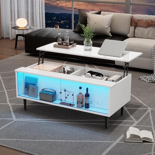 Couchtisch Höhenverstellbar 105 X 50 X 43cm,Wohnzimmertischeled-Licht, Stimmungsbeleuchtung Und Versteckter Stauraum,Kaffeetisch Mit Schublade,Couchtisch Hochglanz,Wohnzimmertisch Weiß Kaffeetisch von DEECOZY