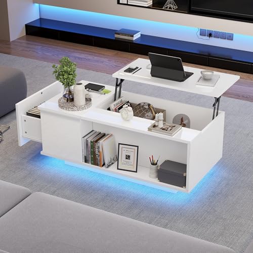 Couchtisch mit LED Beleuchtung und Schubladen, Couchtisch mit Höhenverstellbarer Platte Kaffeetisch Ausziehbarer, Beistelltisch mit Verstecktem Stauraum,Wohnzimmertisch Sofatisch 100x50x40cm (Weiß) von DEECOZY