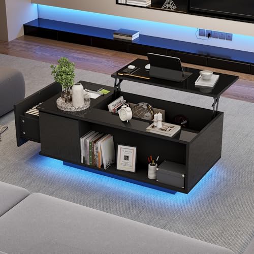 Couchtisch mit LED Beleuchtung und Schubladen, Couchtisch mit Höhenverstellbarer Platte Kaffeetisch Ausziehbarer, Beistelltisch mit Verstecktem Stauraum,Wohnzimmertisch Sofatisch 100x50x40cm (Schwarz) von DEECOZY