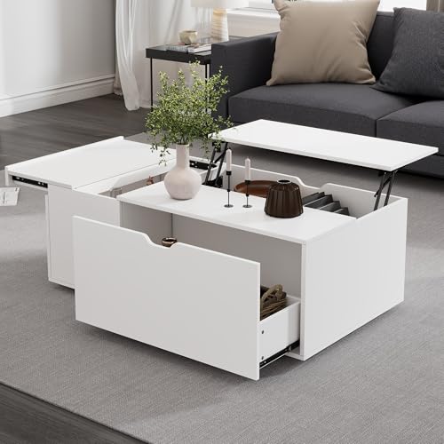 DEECOZY Couchtisch Höhenverstellbar 120 x 65 x 45.5cm,Wohnzimmertischeled-Licht, Versteckter Stauraum,Kaffeetisch Mit Schublade,Couchtisch Hochglanz,Wohnzimmertisch Weiß Kaffeetisch von DEECOZY