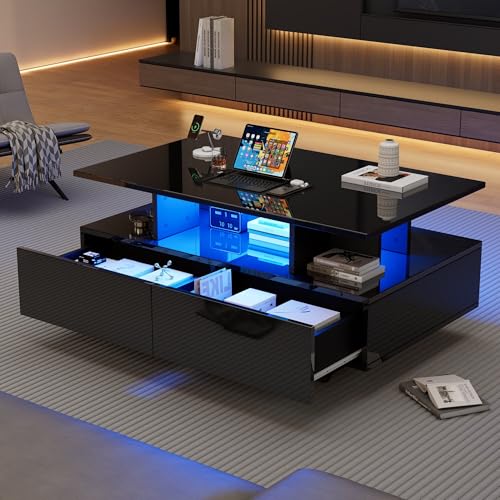 DEECOZY Couchtisch Mit Hebeplatte, Couchtisch Höhenverstellbar, Wohnzimmertische Mit 2 Schubladen, Couchtischs Hochglanz Mit Led,Wohnzimmertisch,Coffee Table Living Room(90x55x41cm) von DEECOZY