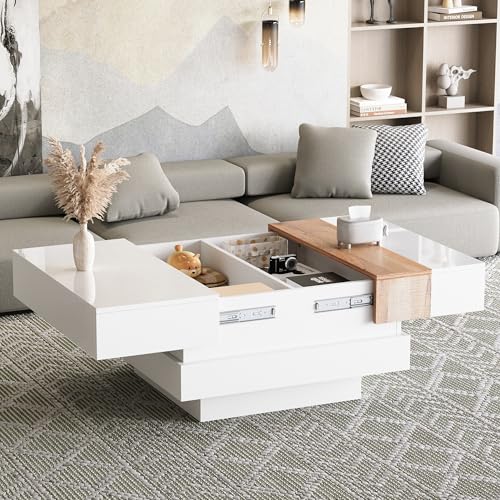 DEECOZY Couchtisch Quadratischer, 70x70x39cm Moderner Wohnzimmertisch Ausziehbar mit Schiebetischplatte, Multifunktions Kaffeetisch mit Versteckter Stauraum, Beistelltisch Sofatisch (Weiß+Holzfarbe) von DEECOZY