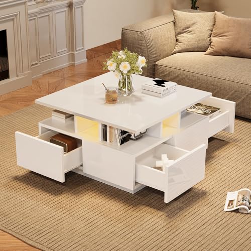 DEECOZY Couchtisch mit LED Beleuchtung, Wohnzimmertisch mit 4 Schubladen, Beistelltisch mit Stauraum, Wohnzimmertische Beistelltisch Sofatisch 70x70x40 cm (Weiß) von DEECOZY