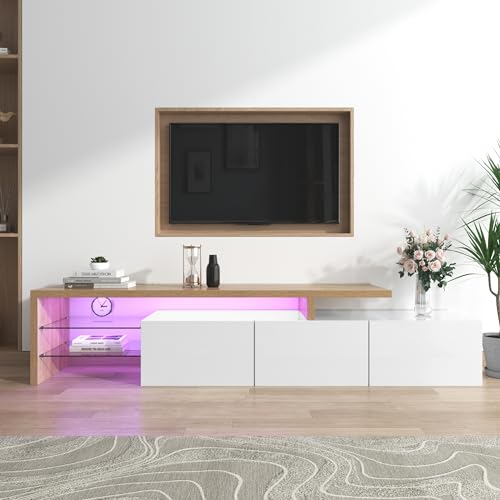 DEECOZY Hochglanz TV-Schrank 200 cm mit LED-Beleuchtung, Glasregal, 3 Türen, Lowboard in Holzoptik, TV-Board, Fernsehtisch Kommode, moderner Fernsehmöbel Weiß von DEECOZY