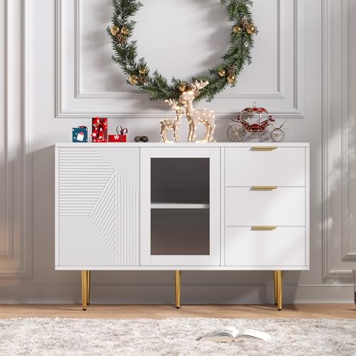 DEECOZY Kommode 120x38x79.5 cm, Sideboard mit 3 Schubladen und 2 Türen, Schlafzimmerkommode mit Metalfüßen und Glastüren, Modernes Hochglänzendes Sideboard für Wohnzimmer, Schlafzimmer, Flur (Weiß) von DEECOZY