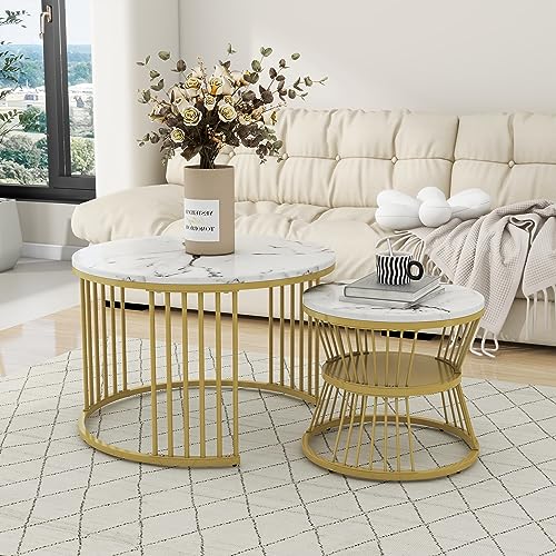 DEECOZY Moderne Nesting Couchtisch, Satztisch 2er Set Beistelltisch, Couchtisch Rund, Wohnzimmertisch, Moderne Kaffeetische, Sofatisch für Wohnzimmer, Schlafzimmer, Büro, Balkon (Weiß+Gold) von DEECOZY