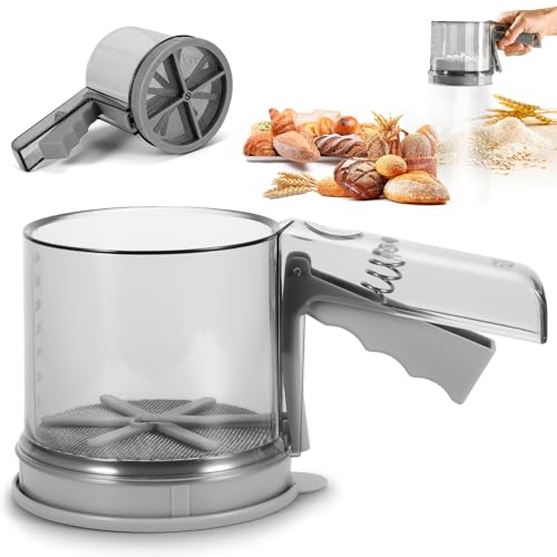 DEECOZY Puderzuckerstreuer, 3-Tassen Mehlsieb, Staubzuckerstreuer Mit Doppellagigem Edelstahlsieb, Mehlsieb Edelstahl, Mehlsieb Einhand,Puderzuckersieb Für Mehl, Mandelmehl Und Puderzucker von DEECOZY
