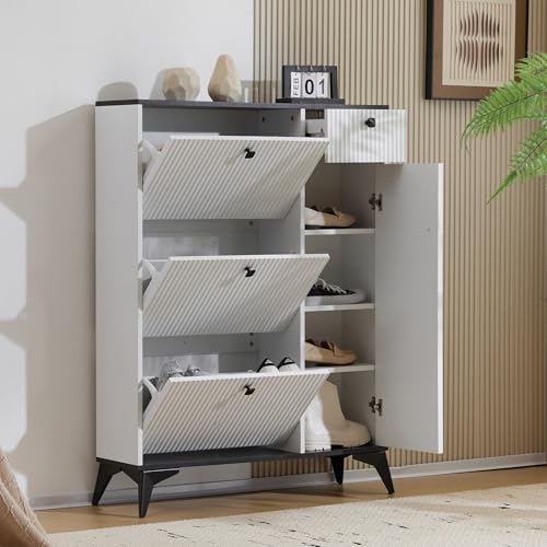 DEECOZY Schuhschrank Mit 3 Klappen, Schuhregal Schmal Mit 1 Schublade Und 1 Tür, Schuhregal, Schuhschrank Schmal, Shoe Rack, Shoe Cabinetweiß. (121cm X 90cmx 25 cm) von DEECOZY