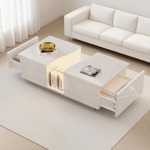 DEECOZY Schwarz Couchtisch,wohnzimmertisch weiß Mit Led-Beleuchtung,couchtisch weiß Hochglanz Mit 2 Ausziehbaren Schubladen,Living Room Table,Kaffeetisch Für Wohnzimmer, Schlafzimmer (100x50x35 cm) von DEECOZY
