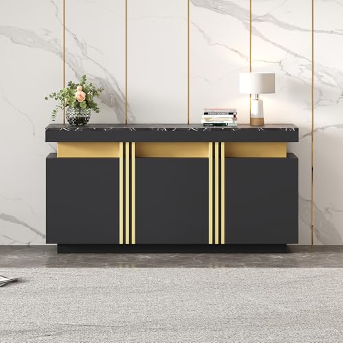 DEECOZY Sideboard 140x38x70 cm, Kommode mit 3 Türen, Schlafzimmerkommode mit Verstellbaren Trennwänden, Modernes Hochglänzendes Sideboard für Wohnzimmer, Schlafzimmer, Flur (Schwarz) von DEECOZY