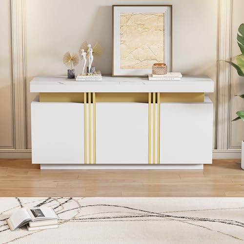 DEECOZY Sideboard 140x38x70 cm, Kommode mit 3 Türen, Schlafzimmerkommode mit Verstellbaren Trennwänden, Modernes Hochglänzendes Sideboard für Wohnzimmer, Schlafzimmer, Flur (Weiß) von DEECOZY