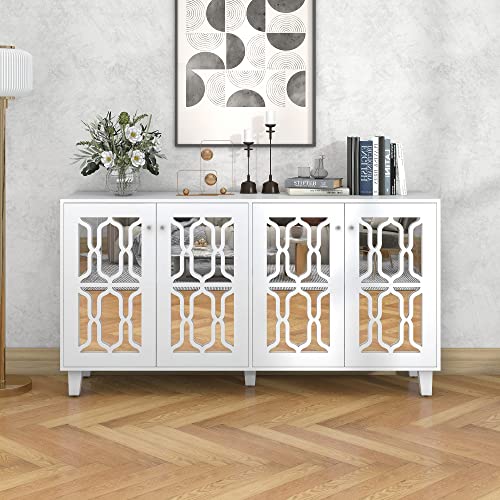 DEECOZY Weißes Sideboard mit 4 verspiegelten Türen, Anrichte mit kühlen Kristallgriffen, beweglichem Laminat, 160 x 40 x 84 cm, Moderner Küchenschrank und Buffetschrank für Wohnzimmer & Esszimmer von DEECOZY