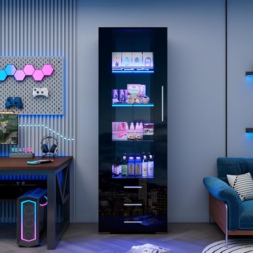 Display Case, Bücherschrank Mit Türen- Und 16-Farbiges Led-Umgebungslicht, Schwarzer Hochglanzschrank Küchenvitrine Mit 3 Schubladenständern, Glas Vitrinenschrank,Vitrinenschrank(60 X 35 X 180 cm) von DEECOZY