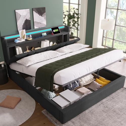 Polsterbett Doppelbett, Jugendbett mit Aufladen USB Ladefunktion Stauraum-Kopfteil und LED-Beleuchtung, Stauraumbett Funktionsbett Bettgestell mit Stauraum&Lattenrost (Grau, Ohne Matratze) (160x200cm) von DEECOZY