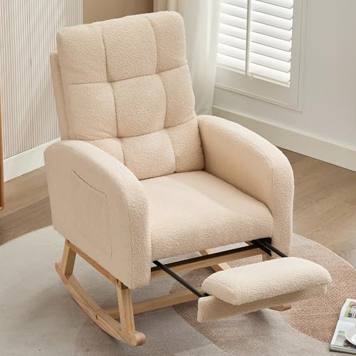 Schaukelstuhl, Teddy Samt Sessel, Bequemer Stillsessel Lesesessel, Relaxstuhl mit hoher Rückenlehne, Moderner Gepolsterter Schwingsessel für Schlafzimmer, Wohnzimmer, Balkon, Kinderzimmer (Beige) von DEECOZY