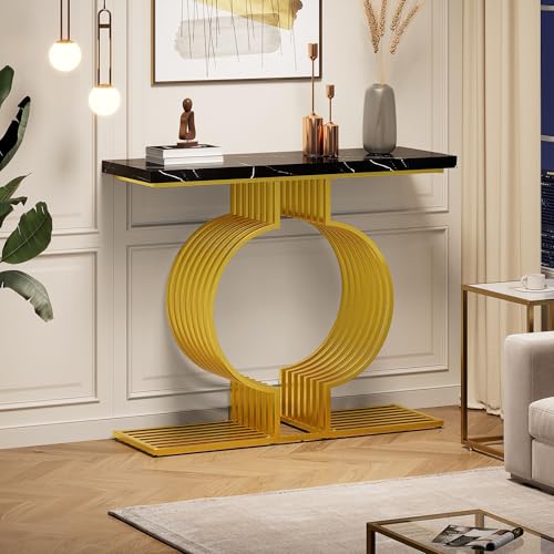 Schmal Konsolentisch, 100*35*80cm Beistelltisch mit Gold Metallgestell, Kleiner Flurtisch, Couchtisch,Ausstellungstisch für Wohnzimmer Eingang Flur Schlafzimmer, 2 Platzierungspositionen(Schwarz+Gold) von DEECOZY