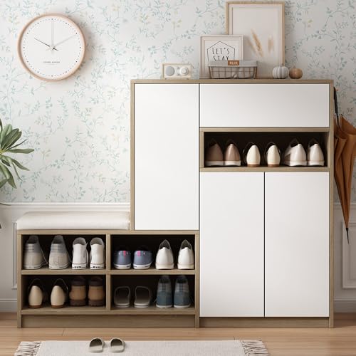 Schuhbank,Schuhbank Mit Sitzfläche, Multifunktionales Schuhregal Mit Gepolstertem Sitz, Schuhschrank Mit Sitzbank Mit Verstellbaren Regalen Für Den Flur, Weiß,B140/T35/H110 cm von DEECOZY