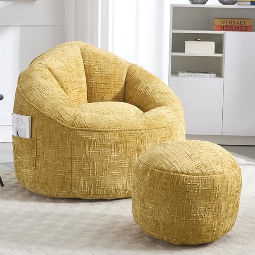 Sitzsack Sofa mit Hocker, Loungesessel mit Hochdruck Schaumstoff, Sitzsack Stuhl Erwachsene Material mit Gepolsterten Schaumstoffpolsterung, Sitzsack Sessel für Lounge Schlafzimmer Büro (Gelb) von DEECOZY