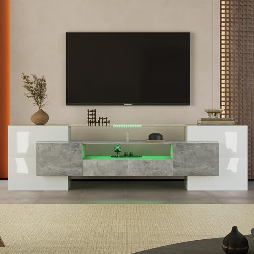 TV Schrank 200 cm, Stilvoller Hochglanz-TV-Schrank mit LED-Beleuchtung und Glasoberfläche, Modernes Lowboard mit 6 Türen,2 Schubladen & 3 offenen Fächern, Wohnzimmermöbel in Grau für Wohn- & Esszimmer von DEECOZY