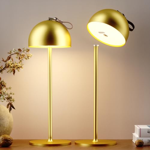 DEELUX LED Akku Tischlampe Dimmbare Kabellose,Wiederaufladbar Warmweiß 3000K Nachttischlampe,Für Innen und Aussen mit USB-C,Tischleuchte Metallmaterial,IP44 Wasserdichte (Gold 2pcs) von DEELUX