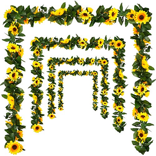 Künstliche Sonnenblumengirlande aus Seide, Sonnenblumen-Girlande mit grünen Blättern, für Hochzeit, Tisch, Garten, Basteln, Party, Dekoration, 4 Stück von DEEMEI