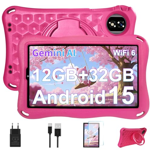 2025 Neueste AI Android 15 Kinder Tablet 9 Zoll, 12GB(6+6) RAM+32GB ROM/TF 2TB, WLAN 6, 5G+2.4G WLAN, 8-Core 2.0 GHz, 1340*800 FHD, 5000 mAh, Type-C, BT 5.0, Kids Tablet Mit EVA-Hülle (Rosa) von DEERTiME