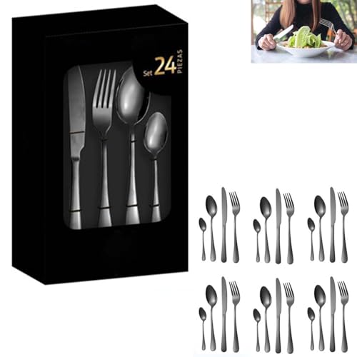 Besteckset Aus Edelstahl Mit Messer, Gabel Und LöFfel, 24-Teilig, Geschenkbox, Kreatives, Titanbeschichtetes Western-Steakmesser Und -Gabel,Black von DEEguess