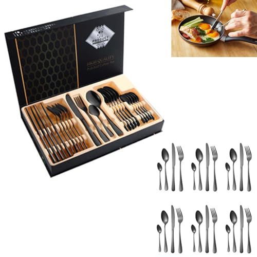 Besteckset Aus Edelstahl Mit Messer, Gabel Und LöFfel, 24-Teilig, Geschenkbox, Kreatives, Titanbeschichtetes Western-Steakmesser Und -Gabel,Black von DEEguess