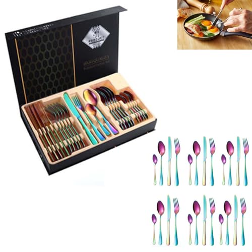 Besteckset Aus Edelstahl Mit Messer, Gabel Und LöFfel, 24-Teilig, Geschenkbox, Kreatives, Titanbeschichtetes Western-Steakmesser Und -Gabel,Colorful von DEEguess