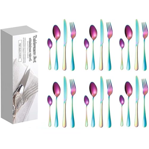 Besteckset Aus Edelstahl Mit Messer, Gabel Und LöFfel, 24-Teilig, Geschenkbox, Kreatives, Titanbeschichtetes Western-Steakmesser Und -Gabel,Colorful von DEEguess