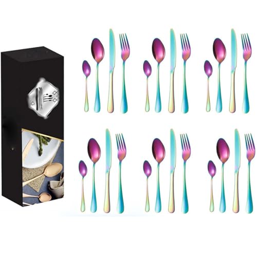 Besteckset Aus Edelstahl Mit Messer, Gabel Und LöFfel, 24-Teilig, Geschenkbox, Kreatives, Titanbeschichtetes Western-Steakmesser Und -Gabel,Colorful von DEEguess