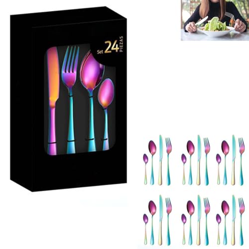 Besteckset Aus Edelstahl Mit Messer, Gabel Und LöFfel, 24-Teilig, Geschenkbox, Kreatives, Titanbeschichtetes Western-Steakmesser Und -Gabel,Colorful von DEEguess