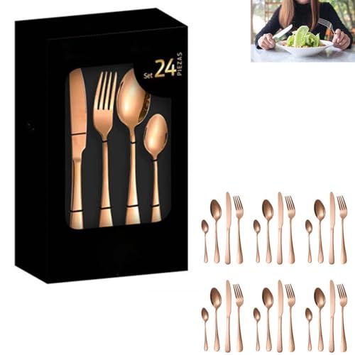 Besteckset Aus Edelstahl Mit Messer, Gabel Und LöFfel, 24-Teilig, Geschenkbox, Kreatives, Titanbeschichtetes Western-Steakmesser Und -Gabel,RoseGold von DEEguess