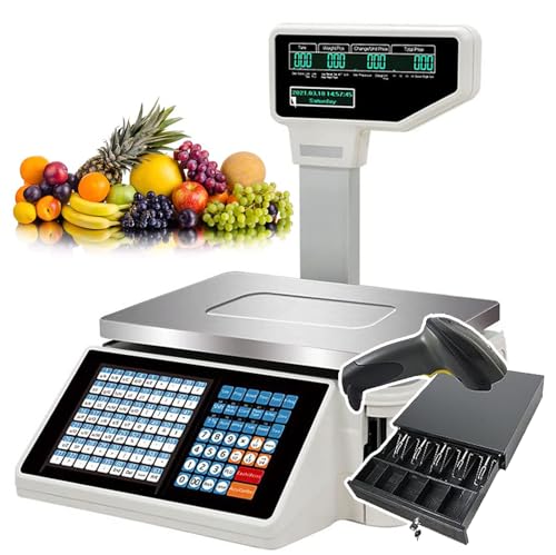 Digitale PreiszäHlwaage (Maschine + Geldkassette + Scanner), Lcd-Waage FüR Kommerzielle Lebensmittelprodukte, 30 Kg KapazitäT, FüR KüChengeschäFte, RestaurantmäRkte von DEEguess